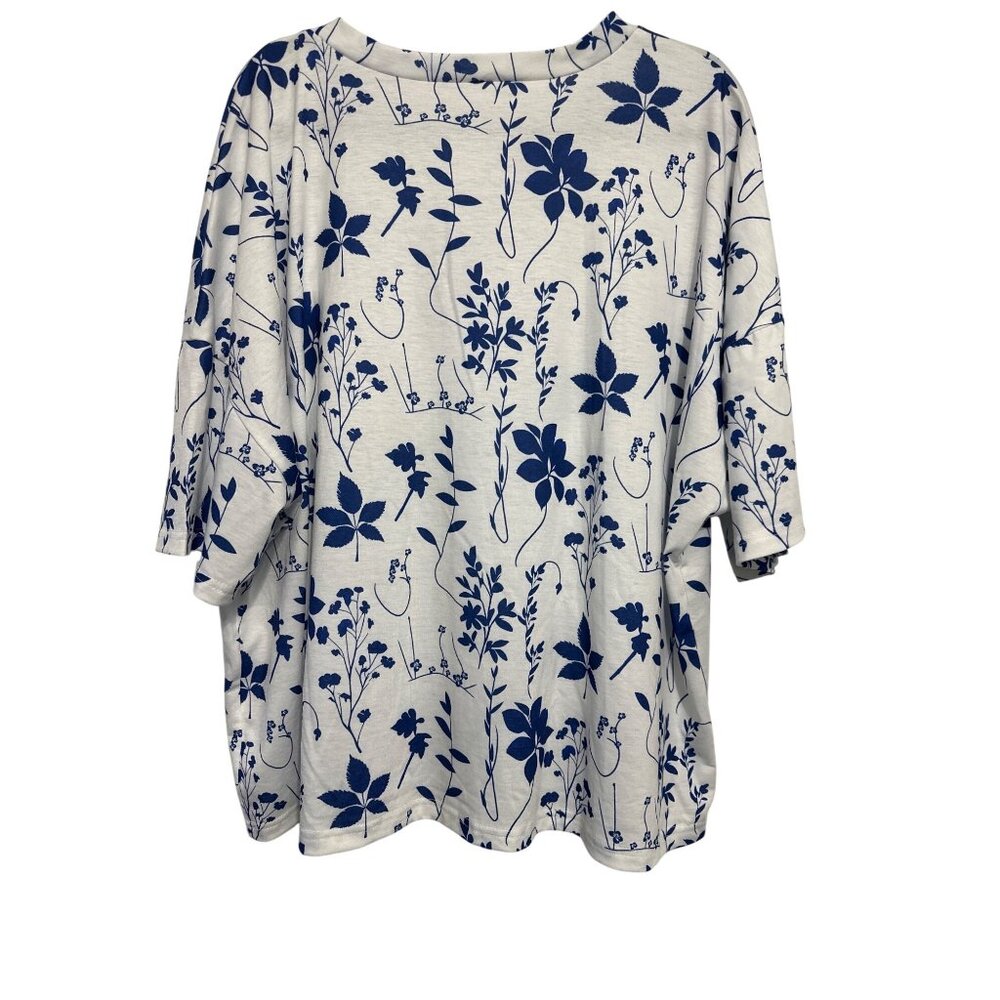 Emery Rose Womens Floral Print White & Blue V-Neck Pocketed Top 3XL - Picture 2 of 8
